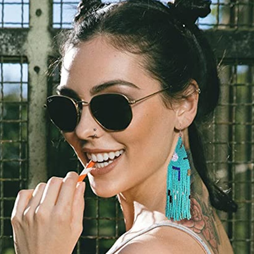 Long 5" Multicolor Abstract Turquoise Handmade Beaded Oversized Boho Earrings